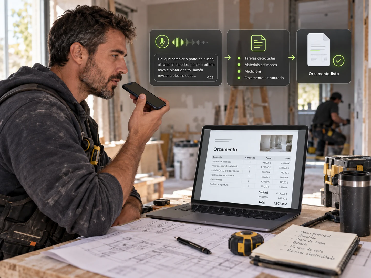 Profesional da construción creando un presuposto a partir dunha nota de voz